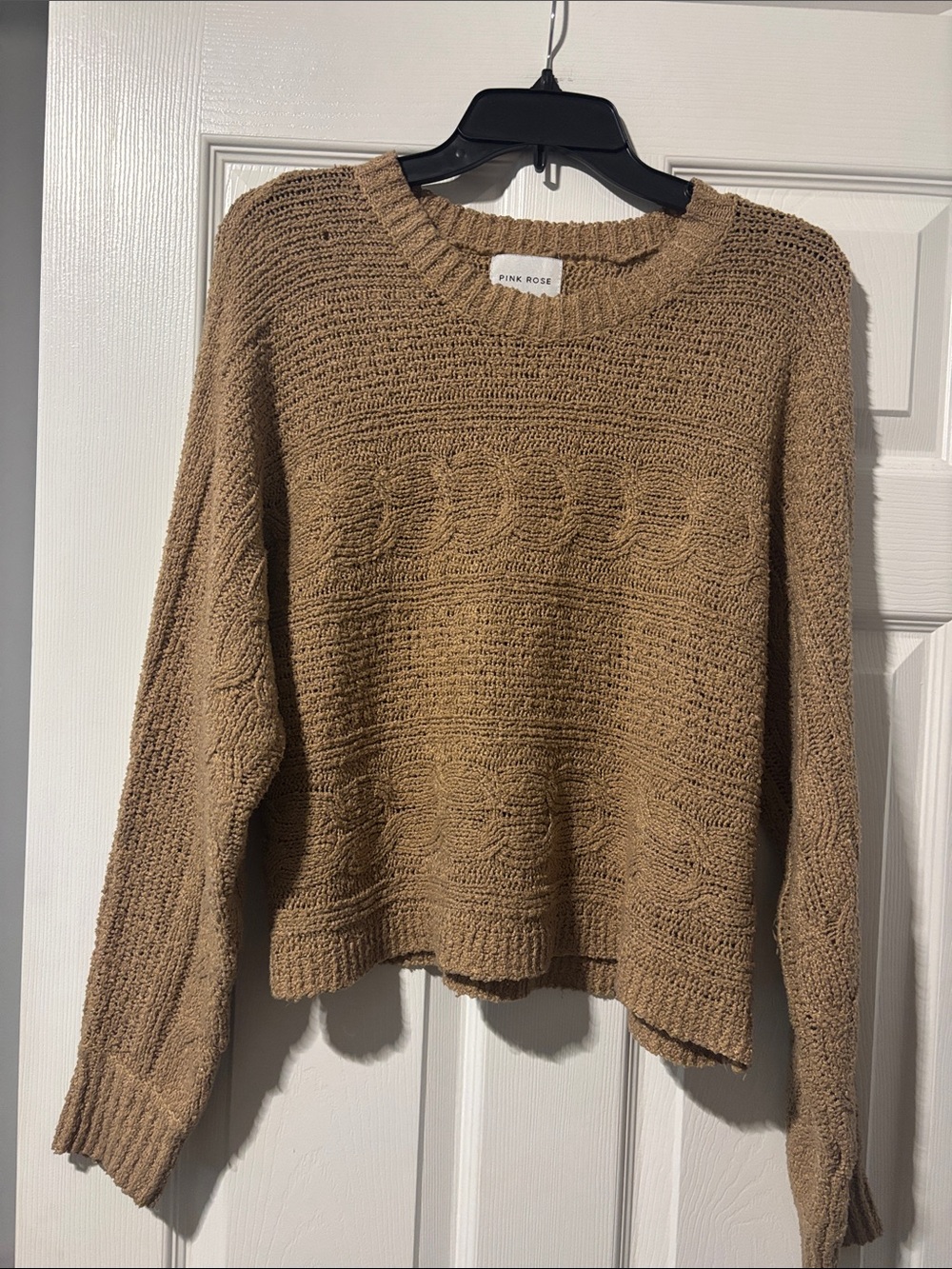 Pink Rose Women's Camel Brown Cable Crewneck Sweater